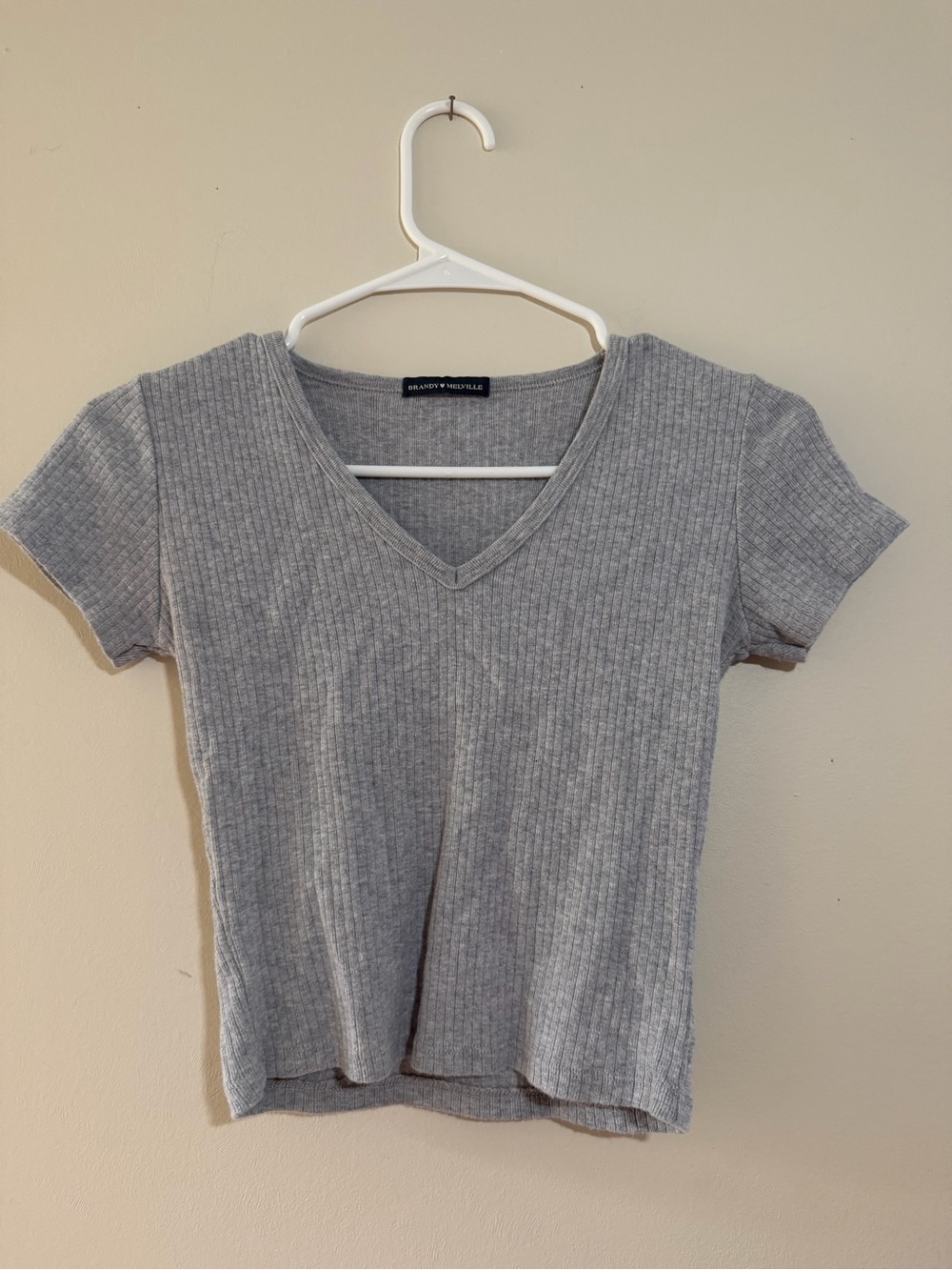 Brandy Melville Light Gray Ribbed V-Neck Short Sleeve Tee